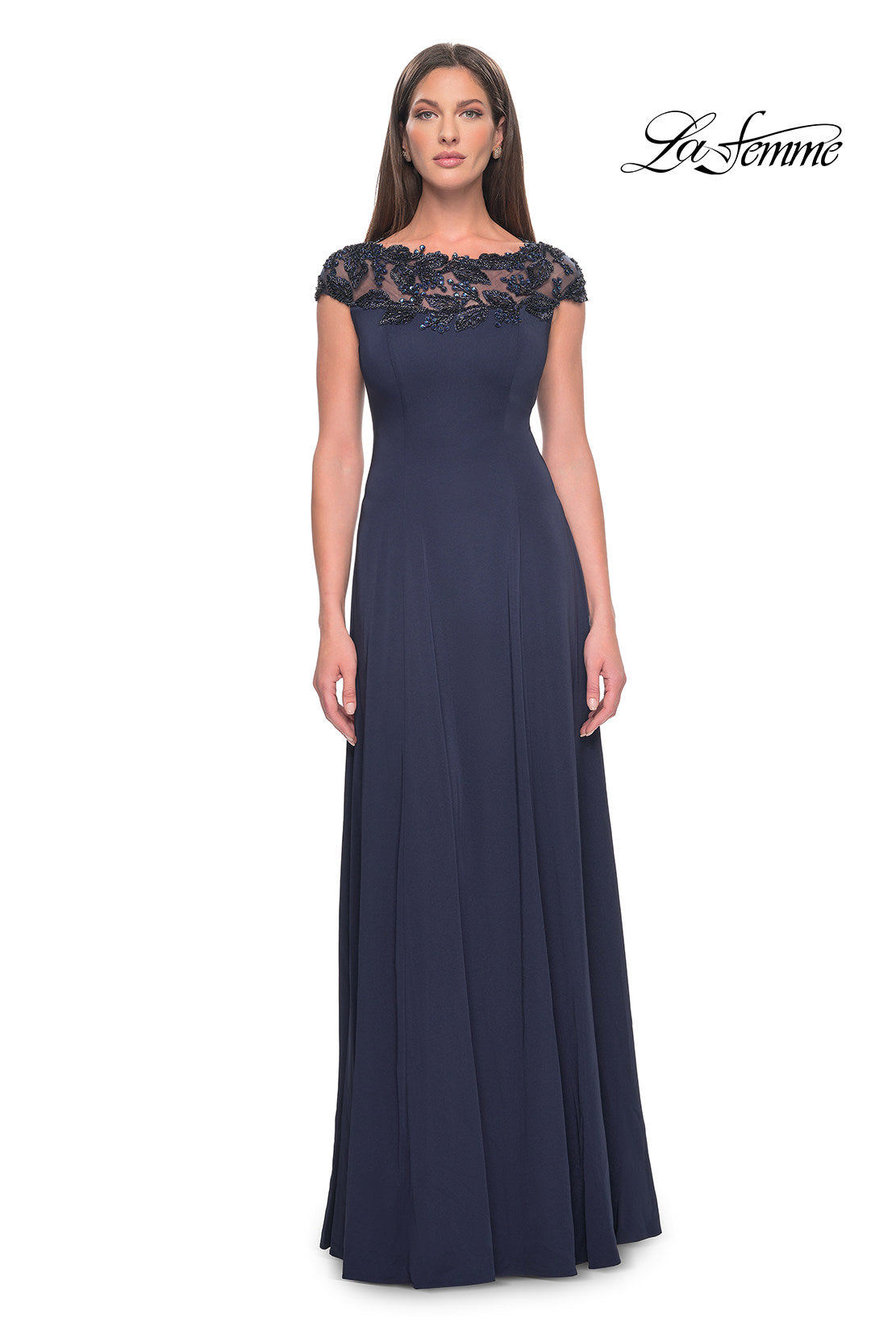 Picture of: A-Line Satin Dress with Stunning Beaded Neckline and Short Sleeves in Navy, Style: 31195, Detail Picture 5