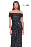 Picture of: Off the Shoulder Sequin Gown with Ruching in Navy, Style: 31772, Detail Picture 5