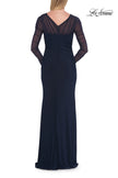 Picture of: Long Sleeve Sheer Net Jersey Gown with Ruching in Navy, Style: 33282, Detail Picture 5