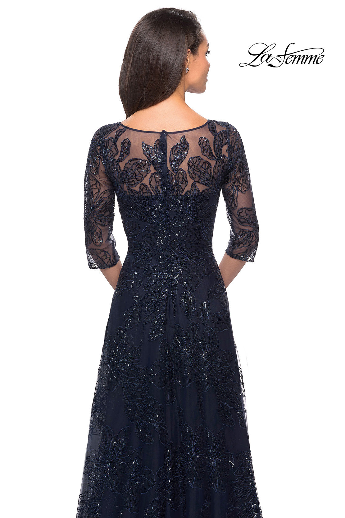 Picture of: A-line Lace Sequin Gown with Sheer Scoop Neckline in Navy, Style: 27942, Detail Picture 6