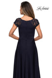 Picture of: Long Satin Dress with Sheer Floral Lace Cap Sleeves in Navy, Style: 28100, Detail Picture 6
