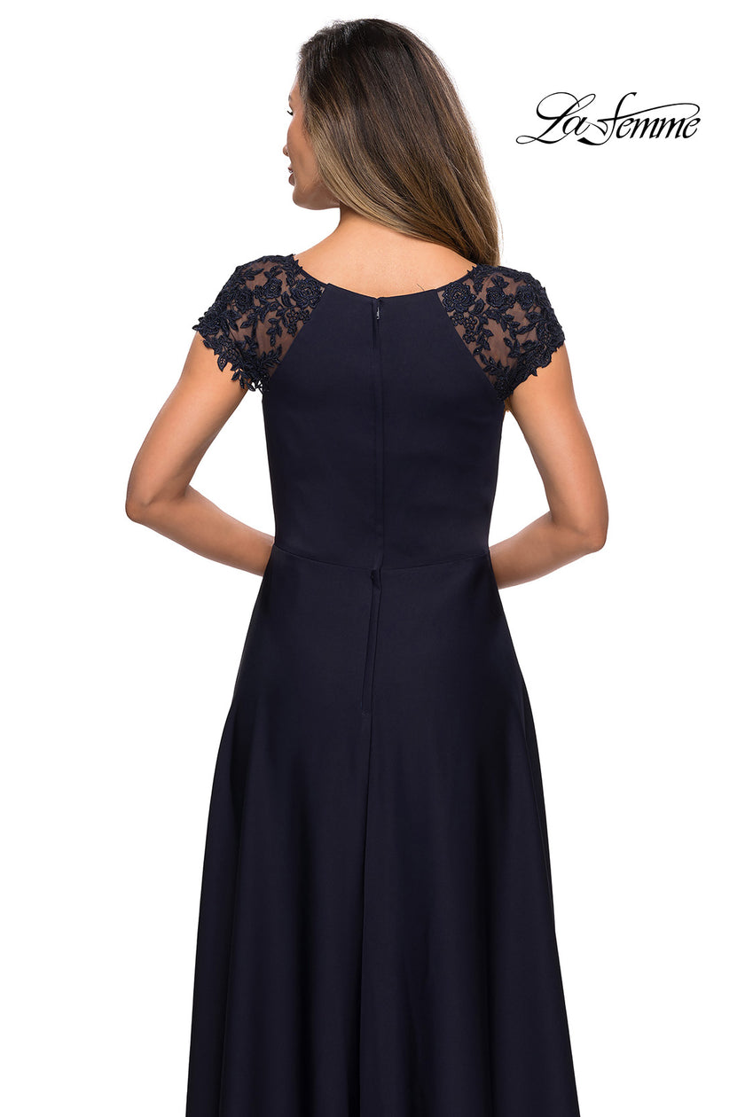 Picture of: Long Satin Dress with Sheer Floral Lace Cap Sleeves in Navy, Style: 28100, Detail Picture 6