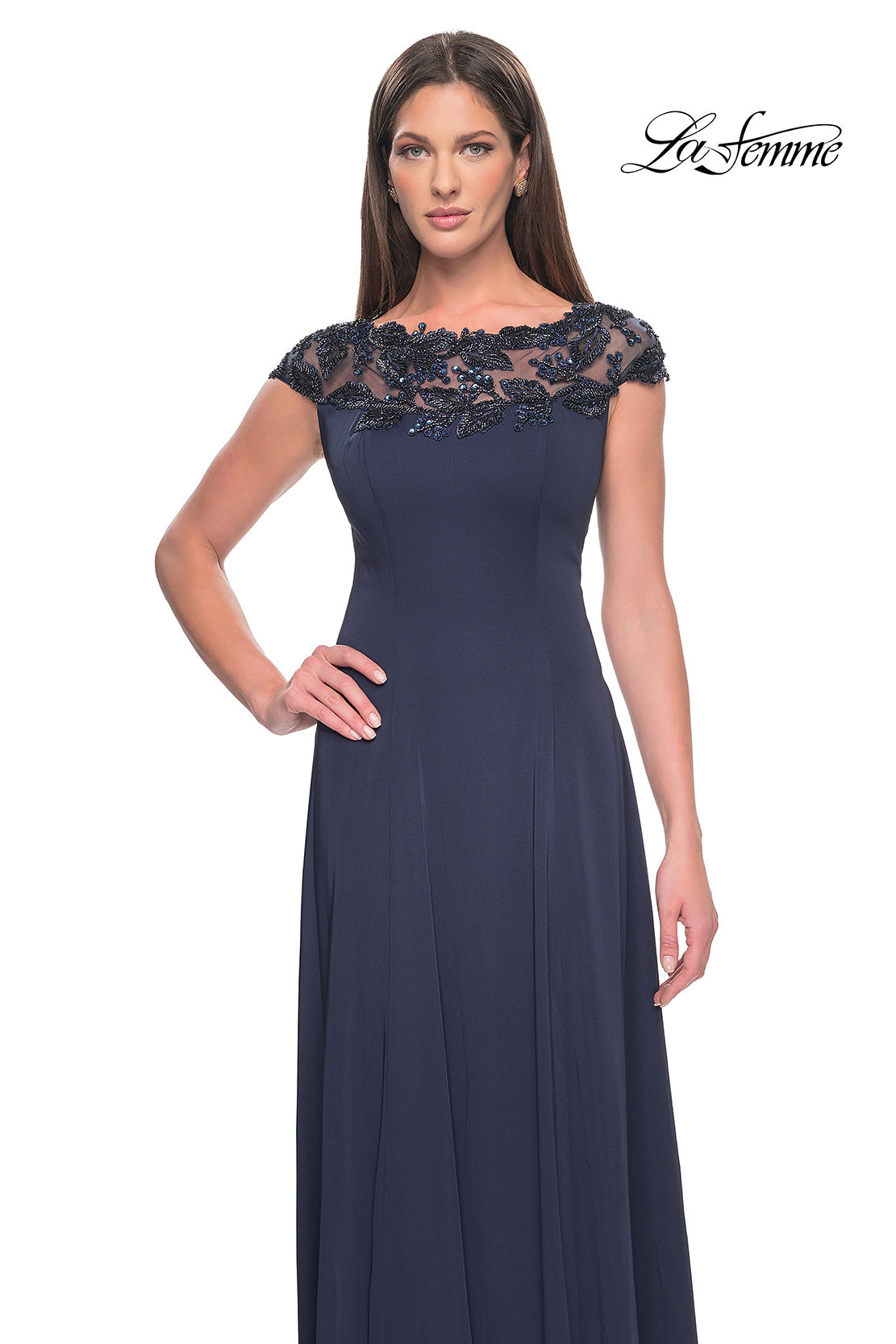 Picture of: A-Line Satin Dress with Stunning Beaded Neckline and Short Sleeves in Navy, Style: 31195, Detail Picture 6