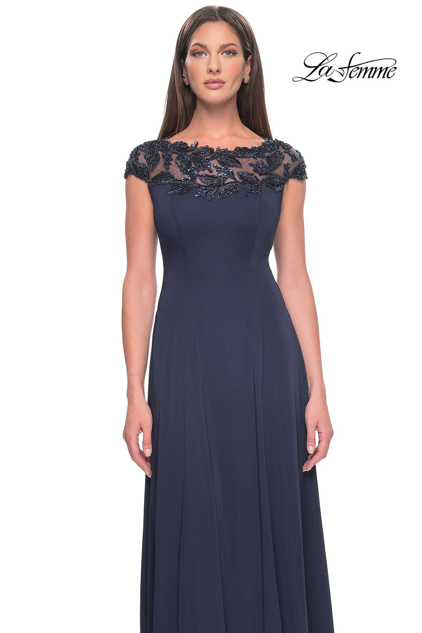 Picture of: A-Line Satin Dress with Stunning Beaded Neckline and Short Sleeves in Navy, Style: 31195, Detail Picture 7