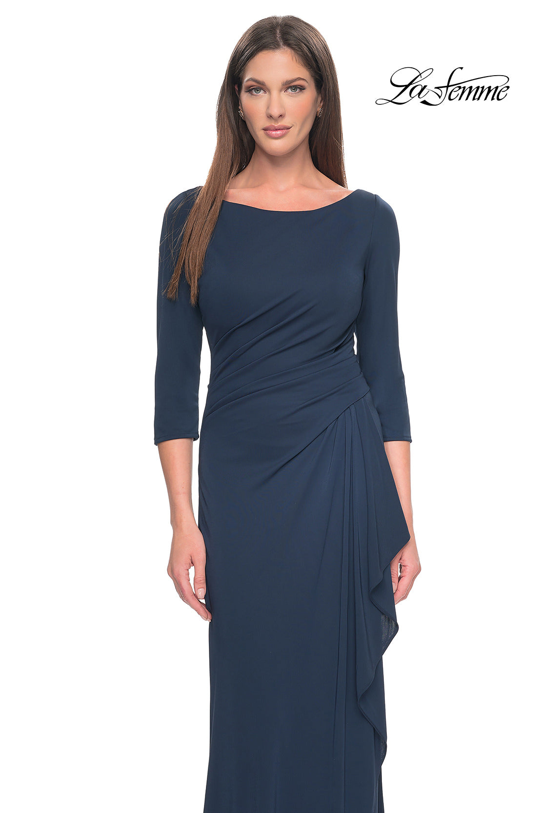 Picture of: Chic Long Evening Gown with High Neck and Ruffle Detail in Navy, Style: 31705, Detail Picture 7