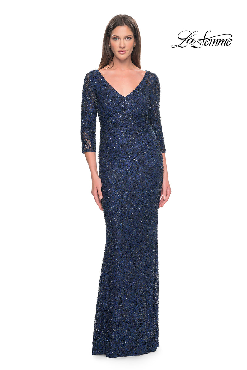 Picture of: Fitted Beaded Lace Evening Gown with Ruching in Navy, Style: 31721, Detail Picture 7