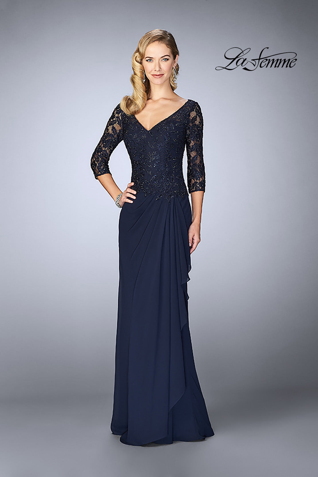 Picture of: Crepe Chiffon Gown with Lace Sweetheart Neckline in Navy, Style: 24857, Main Picture