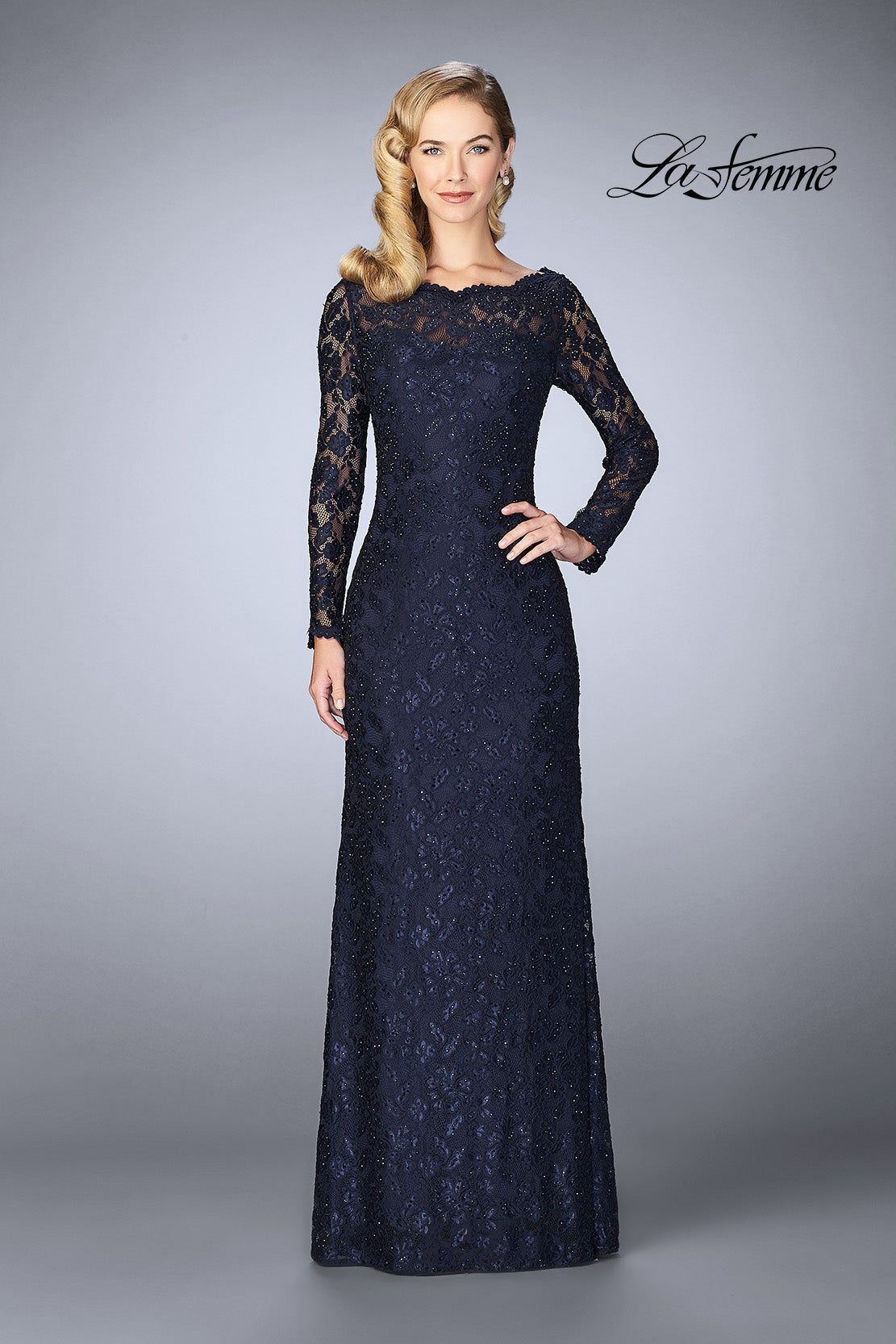 Picture of: Lace Gown with Long Illusion Sleeves and Closed Back in Navy, Style: 24869, Main Picture