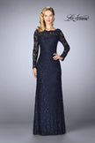 Picture of: Lace Gown with Long Illusion Sleeves and Closed Back in Navy, Style: 24869, Main Picture