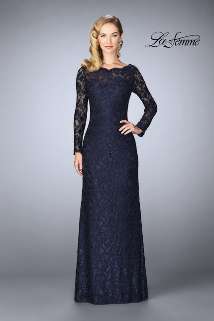 Picture of: Lace Gown with Long Illusion Sleeves and Closed Back in Navy, Style: 24869, Main Picture