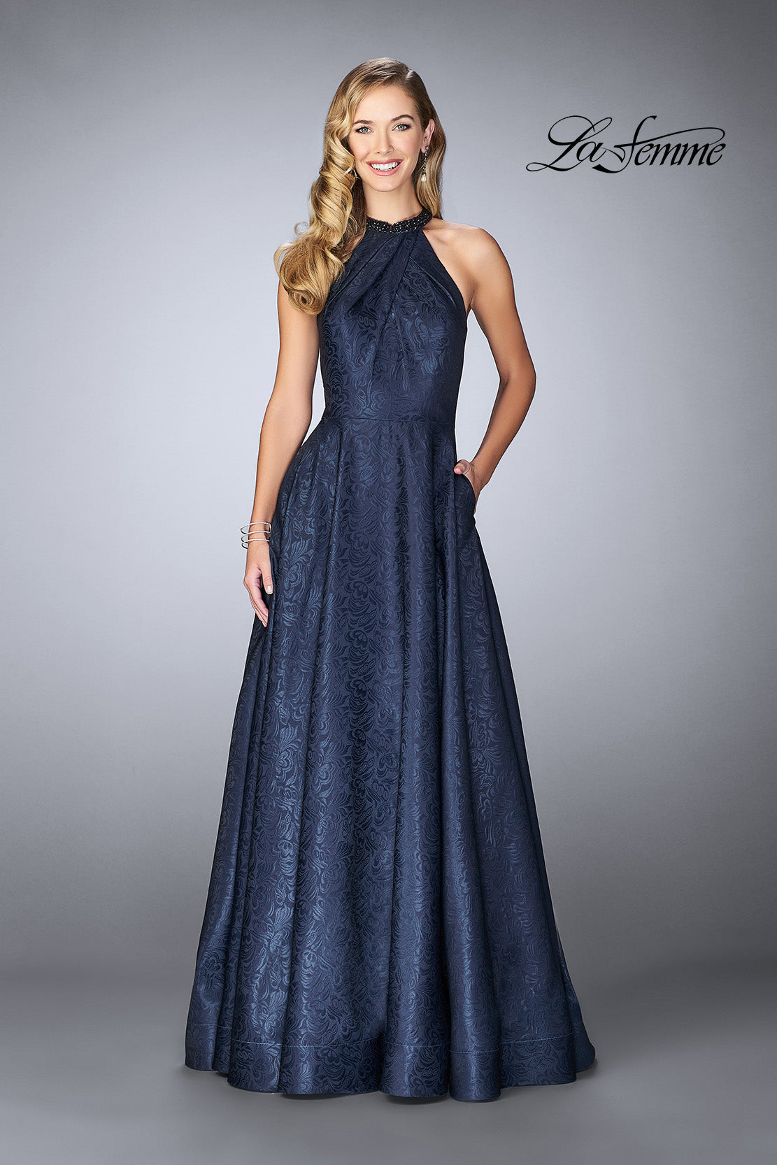 Picture of: Gathered Halter Neck Dress with Patterned A-line Skirt in Navy, Style: 24888, Main Picture