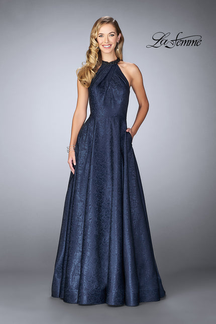 Picture of: Gathered Halter Neck Dress with Patterned A-line Skirt in Navy, Style: 24888, Main Picture