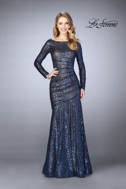 Picture of: Gathered Sequin Prom Gown With Long Sleeves in Navy, Style: 24919, Main Picture