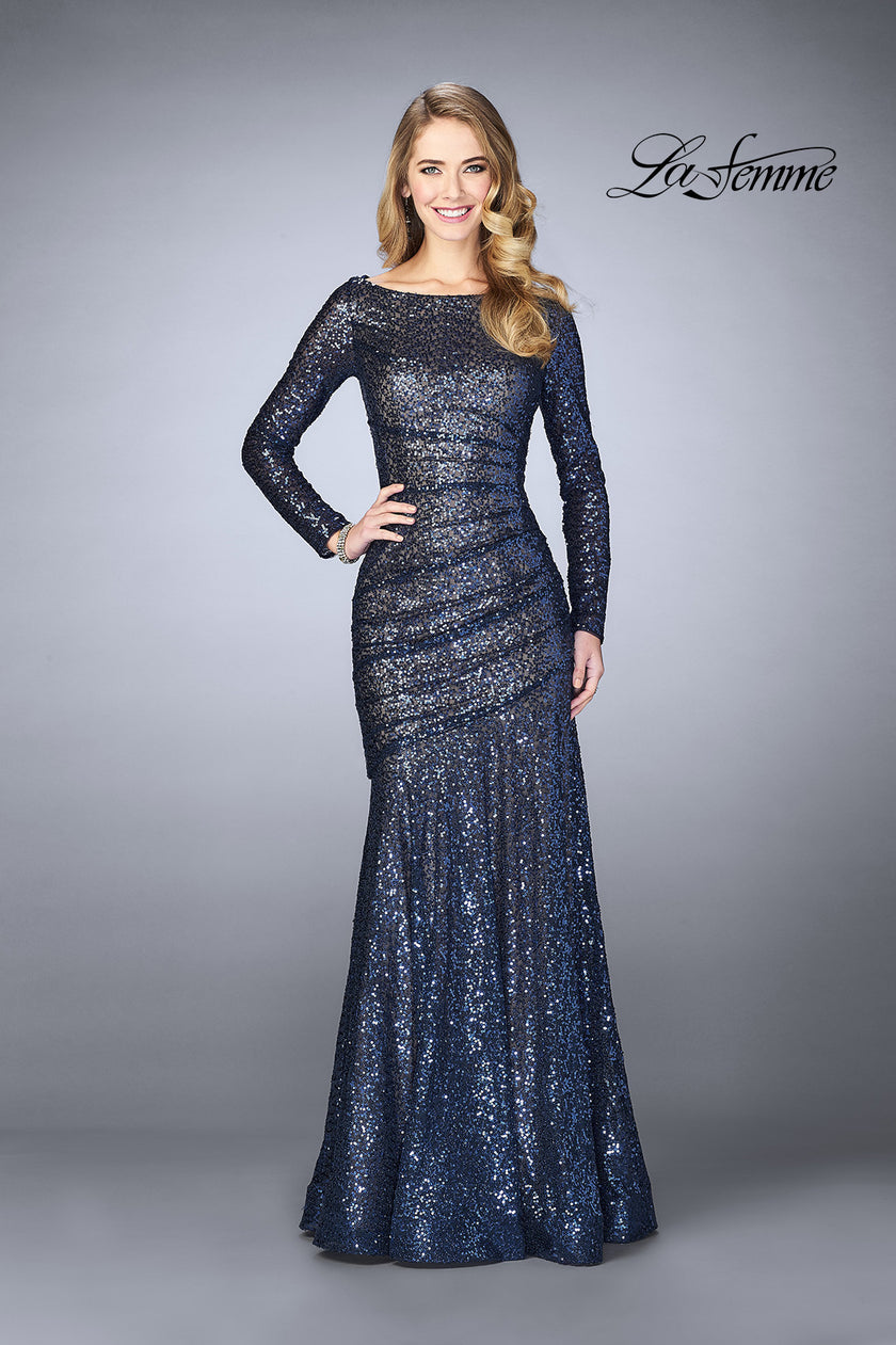 Picture of: Gathered Sequin Prom Gown With Long Sleeves in Navy, Style: 24919, Main Picture