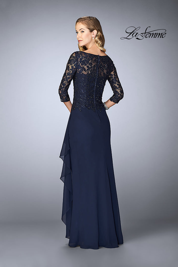 Picture of: Crepe Chiffon Gown with Lace Sweetheart Neckline in Navy, Style: 24857, Back Picture