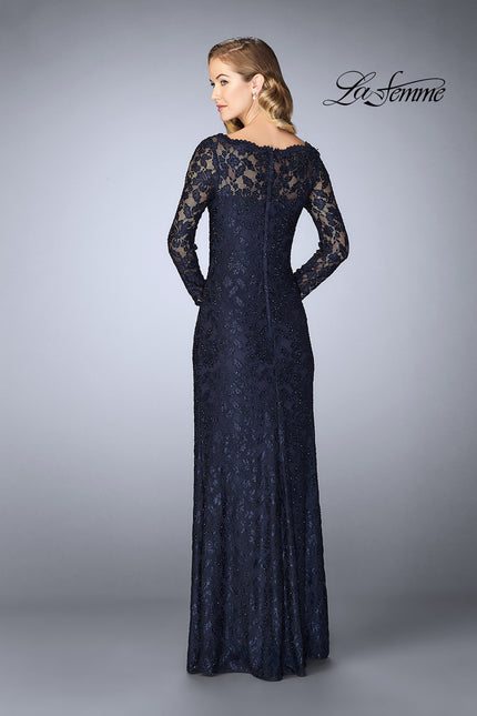 Picture of: Lace Gown with Long Illusion Sleeves and Closed Back in Navy, Style: 24869, Back Picture