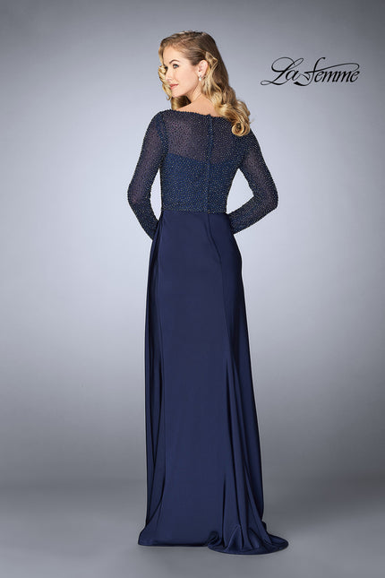 Picture of: Beaded Long Evening Gown with Sheer Sleeves in Navy, Style: 24895, Back Picture