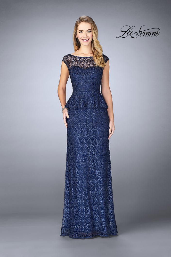Picture of: Lace A-line Gown With Sheer Neckline and Peplum in Navy, Style: 24896, Detail Picture 3