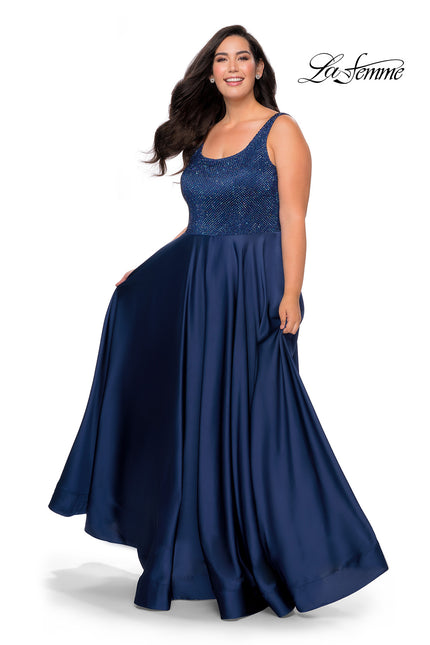 Picture of: Rhinestone Bodice Plus Size Prom Gown with Pockets in Navy, Style: 28879, Main Picture