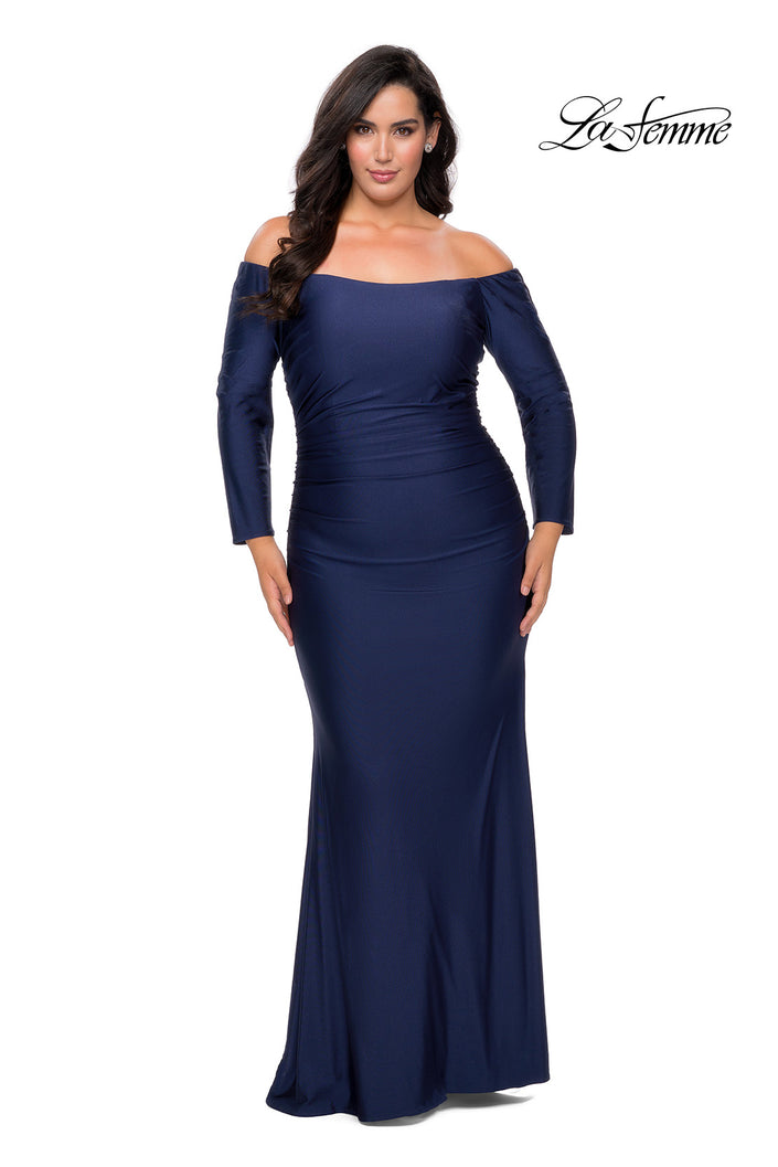 Picture of: Off The Shoulder Jersey Plus Size Long Sleeve Prom Gown in Navy, Style: 28881, Main Picture