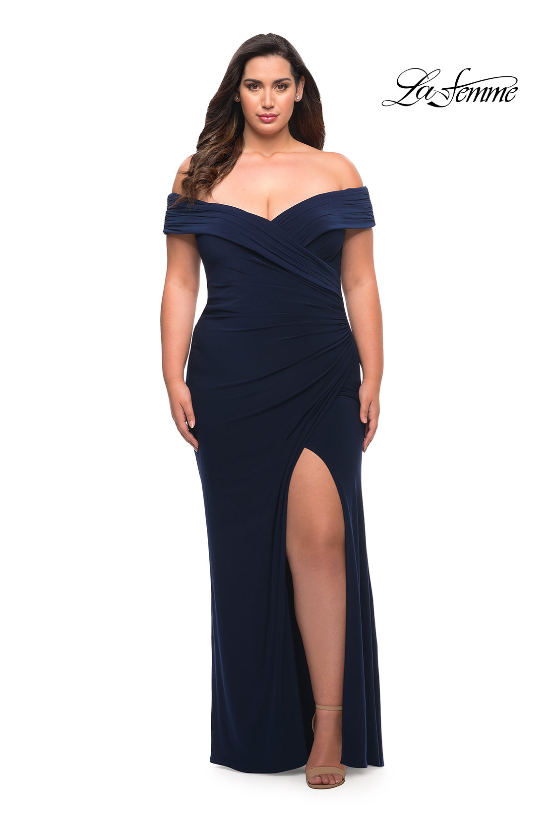 Picture of: Jersey Plus Size Dress with Off the Shoulder Top in Navy, Style: 29397, Main Picture