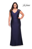 Picture of: Long Jersey Gown with Jeweled Cap Sleeves in Navy, Style: 29481, Main Picture