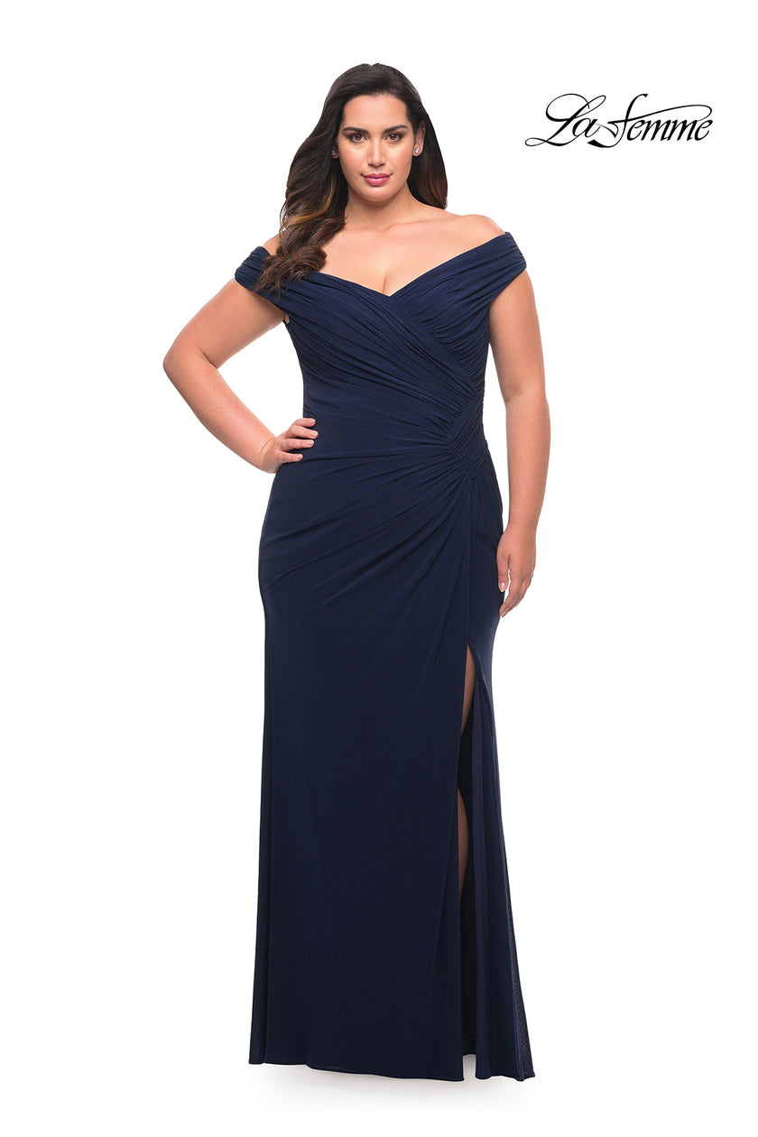 Picture of: Flattering Ruched Off the Shoulder Plus Size Dress in Navy, Style: 29722, Detail Picture 10