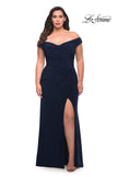 Picture of: Matte Jersey Long Plus Dress with Ruching and Slit in Navy, Style: 29663, Detail Picture 14