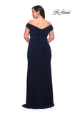 Picture of: Matte Jersey Long Plus Dress with Ruching and Slit in Navy, Style: 29663, Detail Picture 15