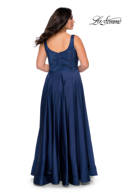 Picture of: Rhinestone Bodice Plus Size Prom Gown with Pockets in Navy, Style: 28879, Back Picture