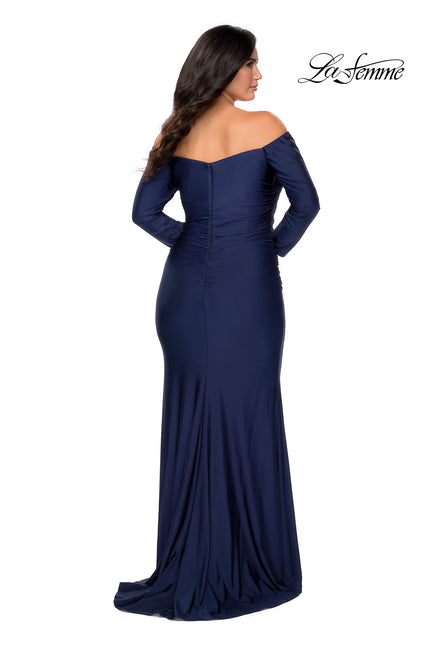 Picture of: Off The Shoulder Jersey Plus Size Long Sleeve Prom Gown in Navy, Style: 28881, Back Picture