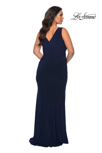 Picture of: Jersey Plus Size Prom Dress with V-Neckline and Slit in Navy, Style: 28882, Back Picture
