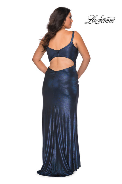Picture of: Metallic Plus Size Dress with Cut Out Open Back in Navy, Style: 29053, Back Picture