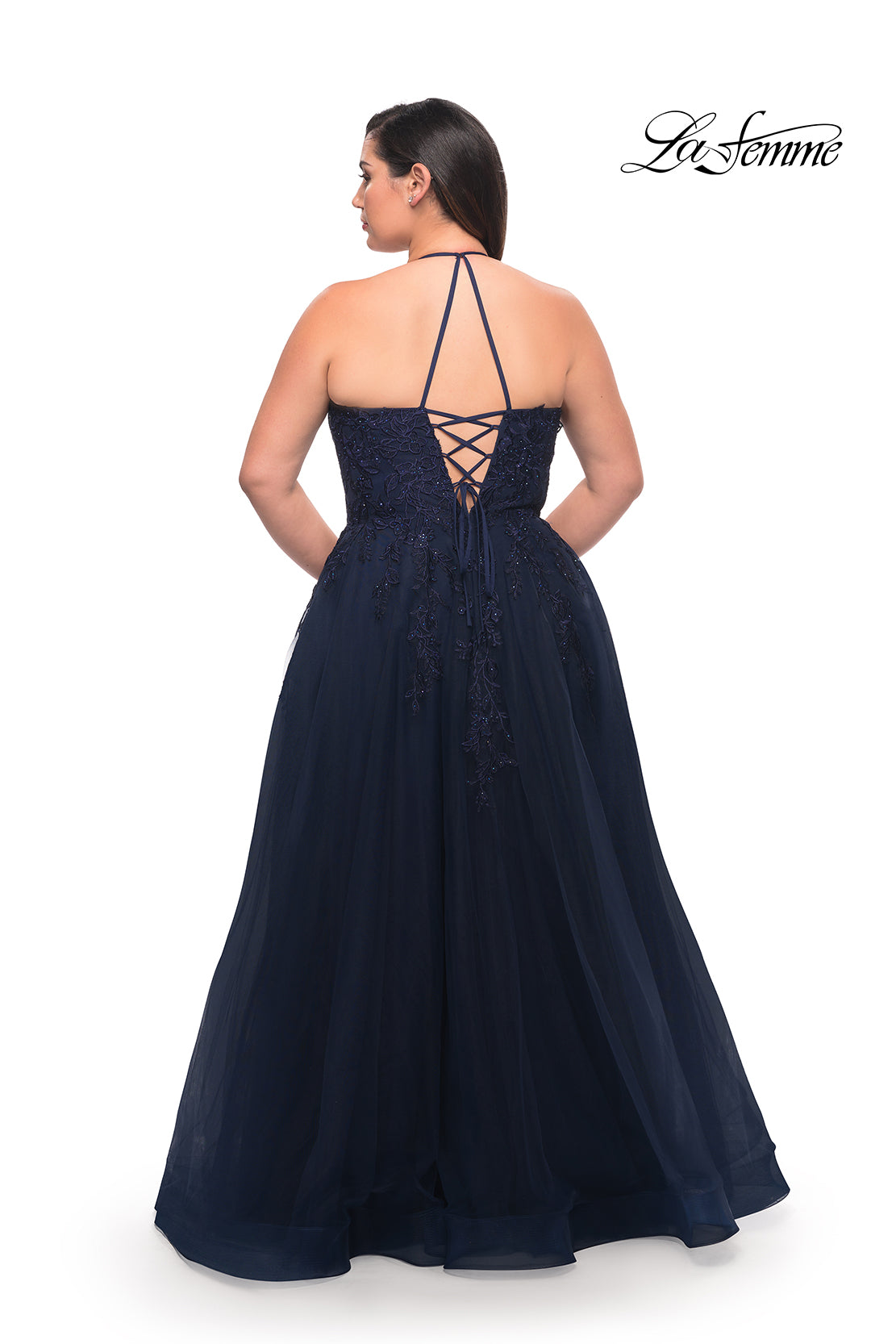 Picture of: Tulle Gown with Lace Bodice and High Neckline in Navy, Style: 29071, Back Picture