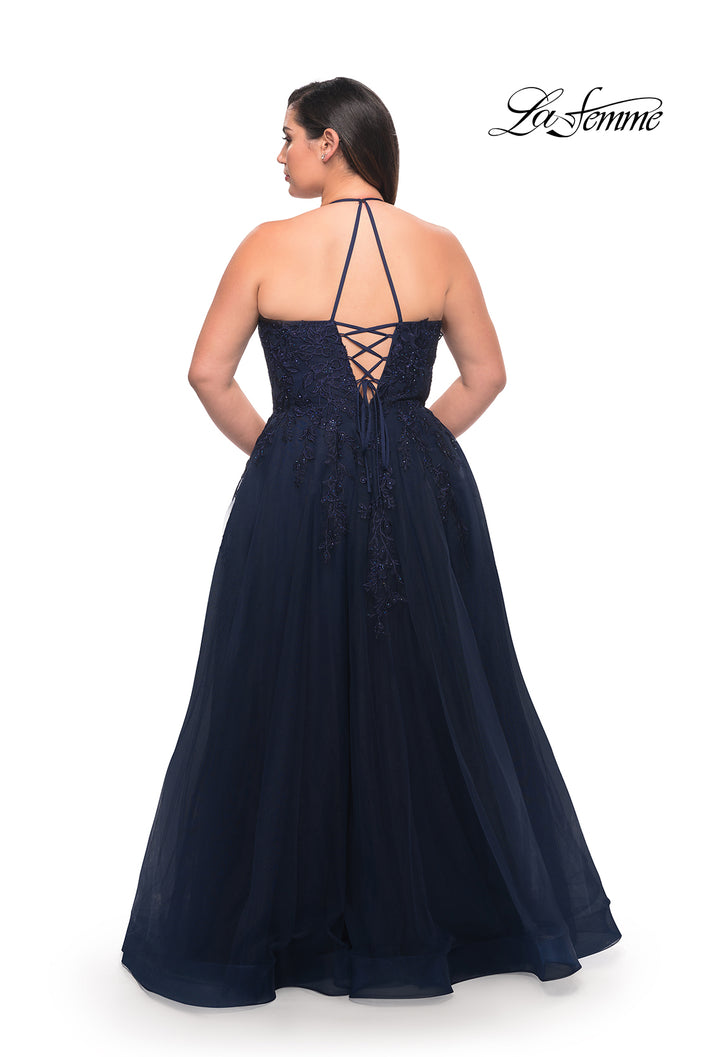 Picture of: Tulle Gown with Lace Bodice and High Neckline in Navy, Style: 29071, Back Picture