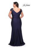 Picture of: Long Jersey Gown with Jeweled Cap Sleeves in Navy, Style: 29481, Back Picture