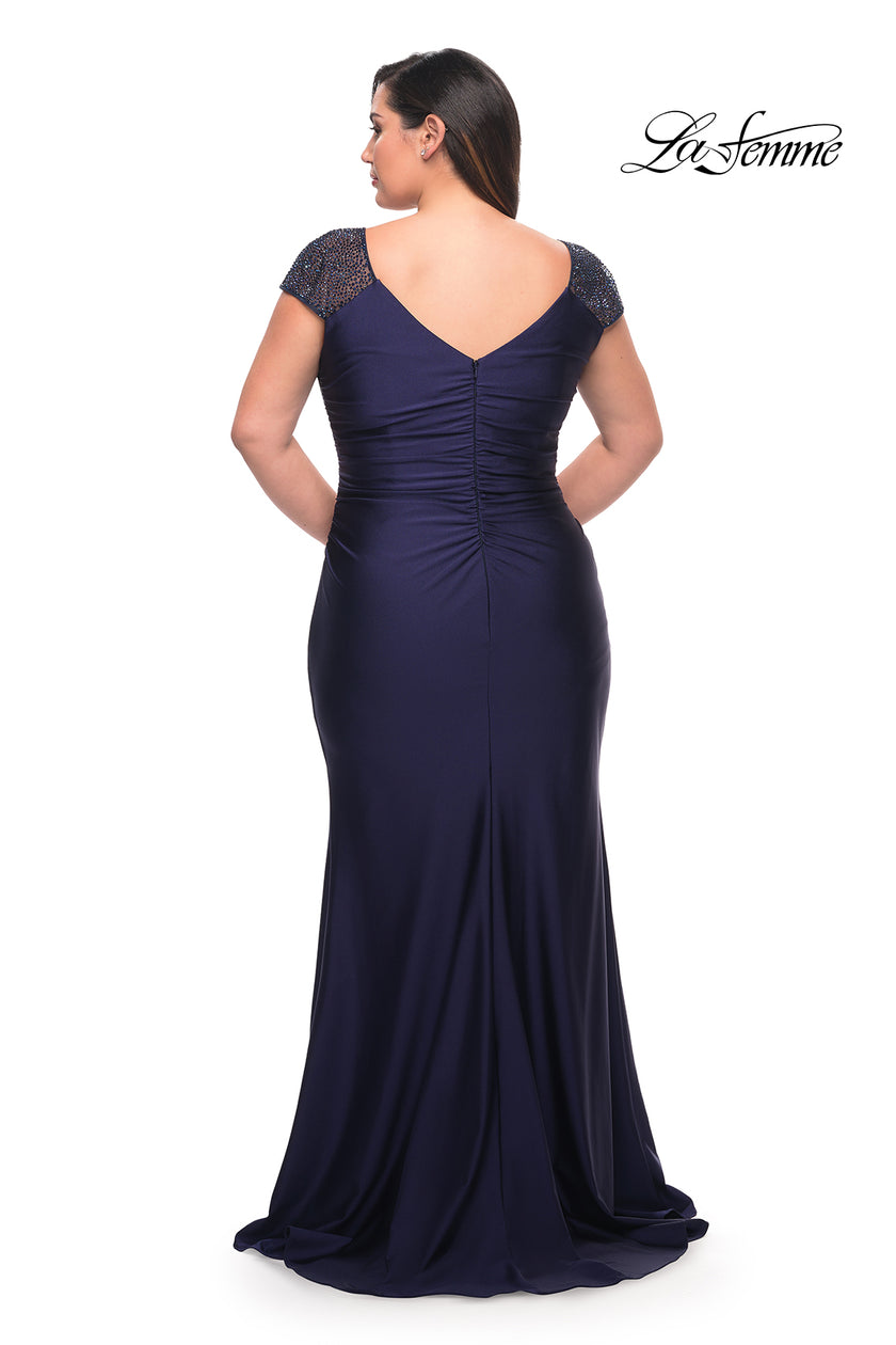 Picture of: Long Jersey Gown with Jeweled Cap Sleeves in Navy, Style: 29481, Back Picture