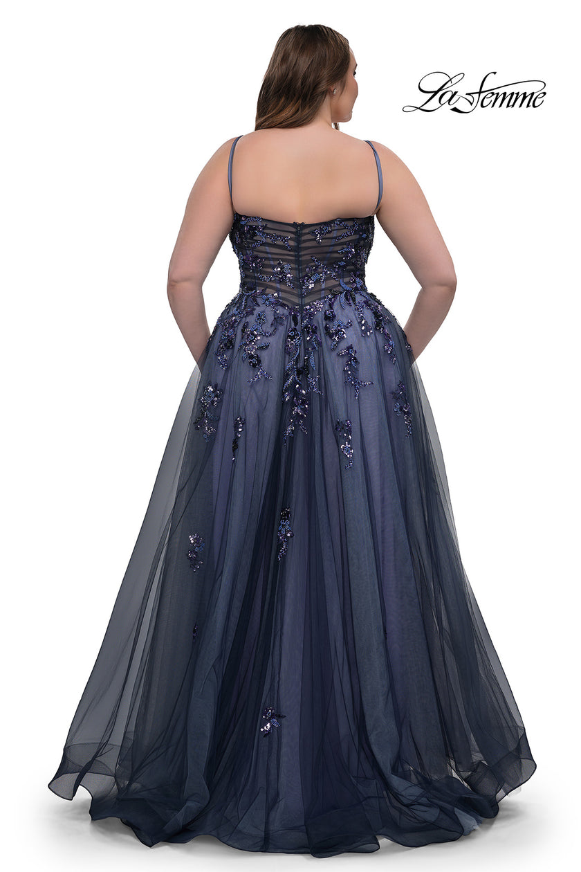 Picture of: Stunning A-line Plus Dress with Sequin Beaded Applique in Navy , Style: 33061, Back Picture