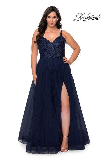 Picture of: Plus Size A-line Prom Gown with Rhinestone Bodice in Navy, Style: 29060, Detail Picture 1