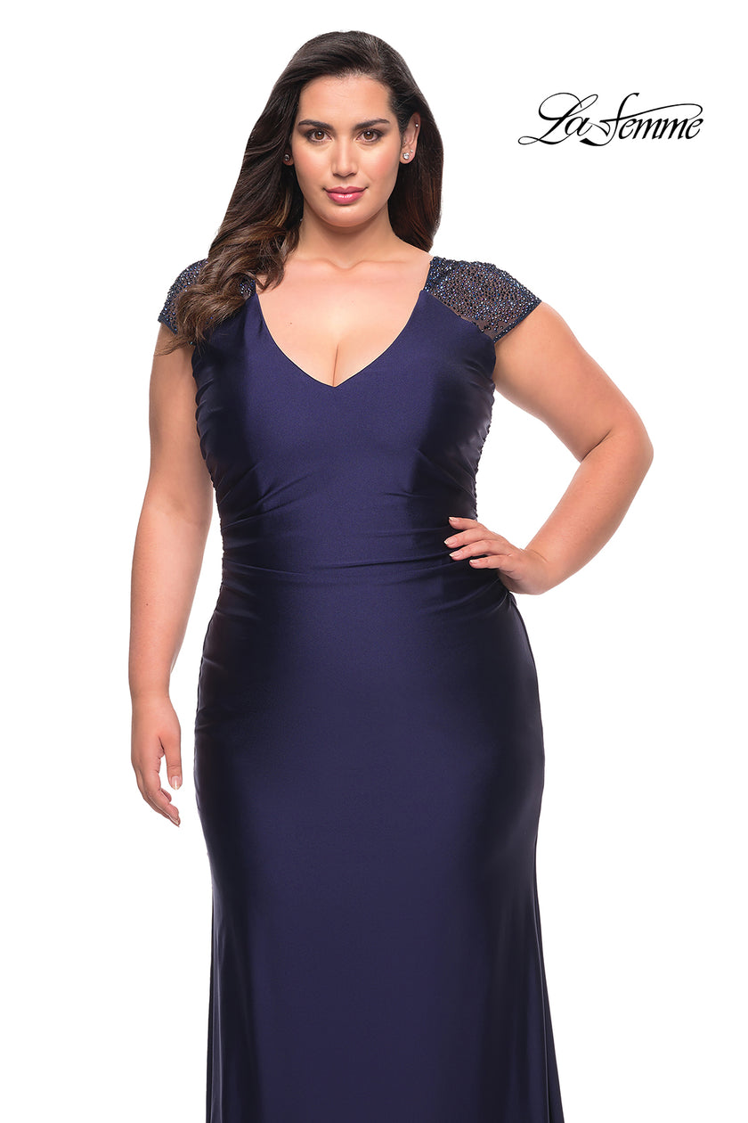 Picture of: Long Jersey Gown with Jeweled Cap Sleeves in Navy, Style: 29481, Detail Picture 1