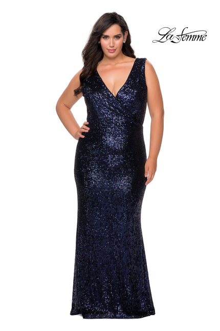 Picture of: Long Sequin Plus Size Prom Gown with V-Neck in Navy, Style: 28770, Detail Picture 2