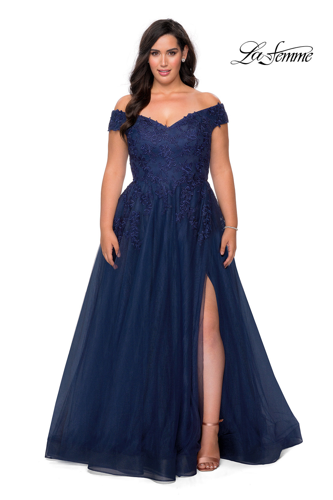 Picture of: Off The Shoulder Tulle Plus Size Gown with Lace in Navy, Style: 28950, Detail Picture 2