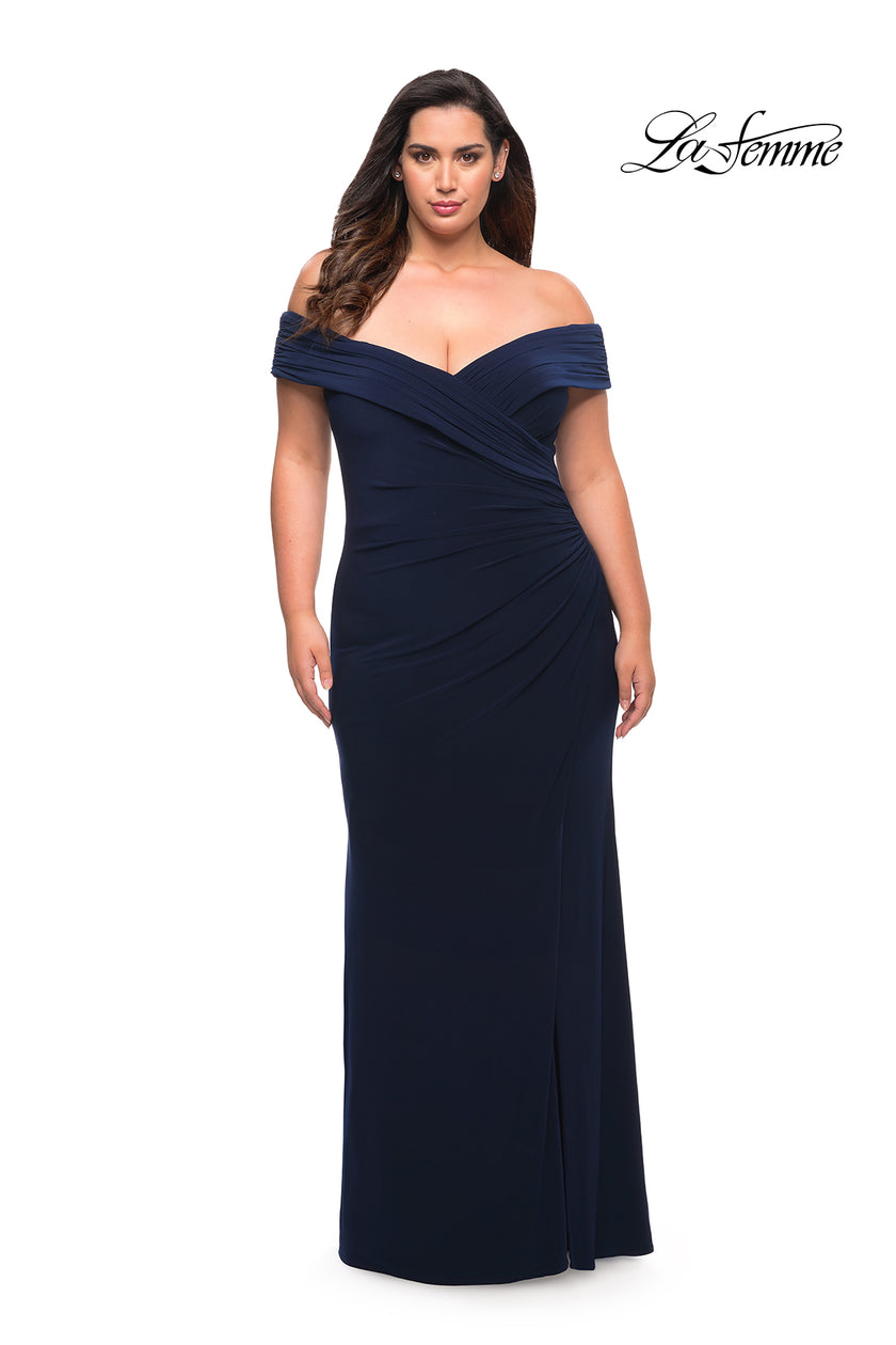 Picture of: Jersey Plus Size Dress with Off the Shoulder Top in Navy, Style: 29397, Detail Picture 2