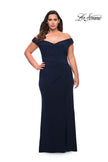 Picture of: Matte Jersey Long Plus Dress with Ruching and Slit in Navy, Style: 29663, Detail Picture 2
