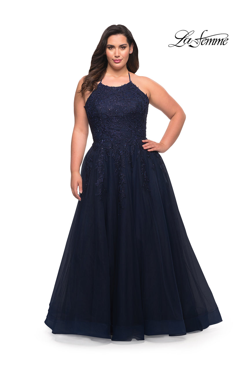 Picture of: Tulle Gown with Lace Bodice and High Neckline in Navy, Style: 29071, Detail Picture 3