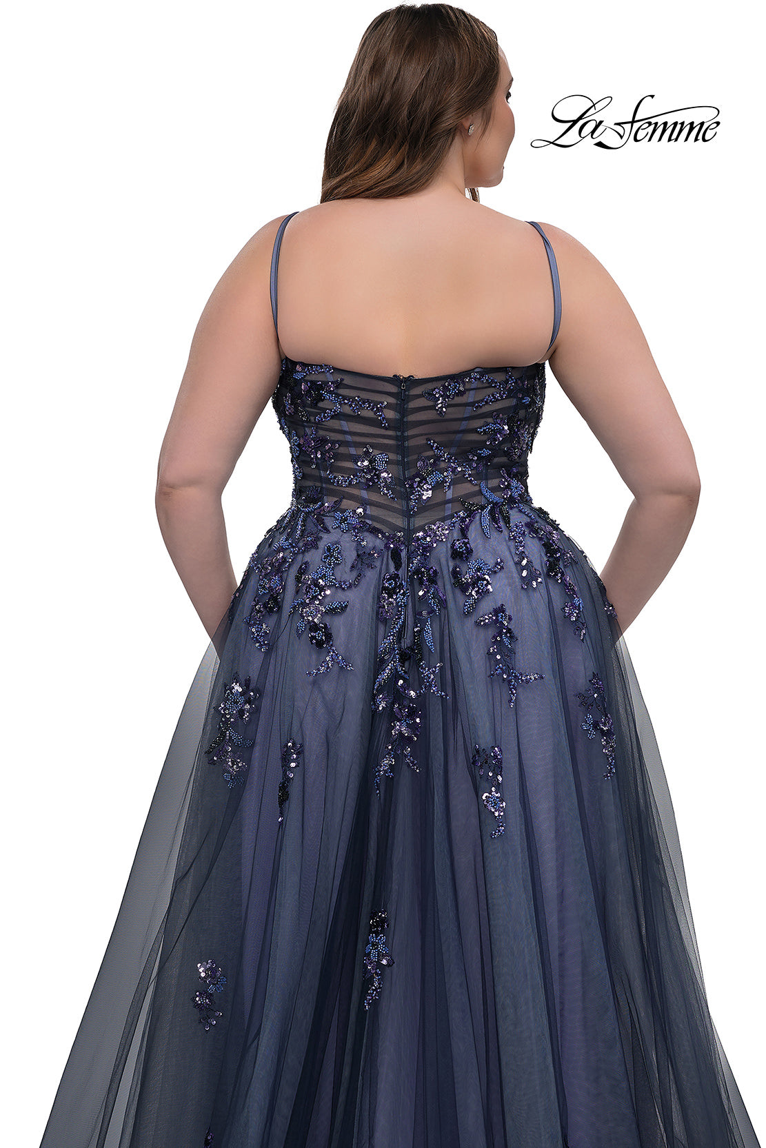 Picture of: Stunning A-line Plus Dress with Sequin Beaded Applique in Navy , Style: 33061, Detail Picture 3