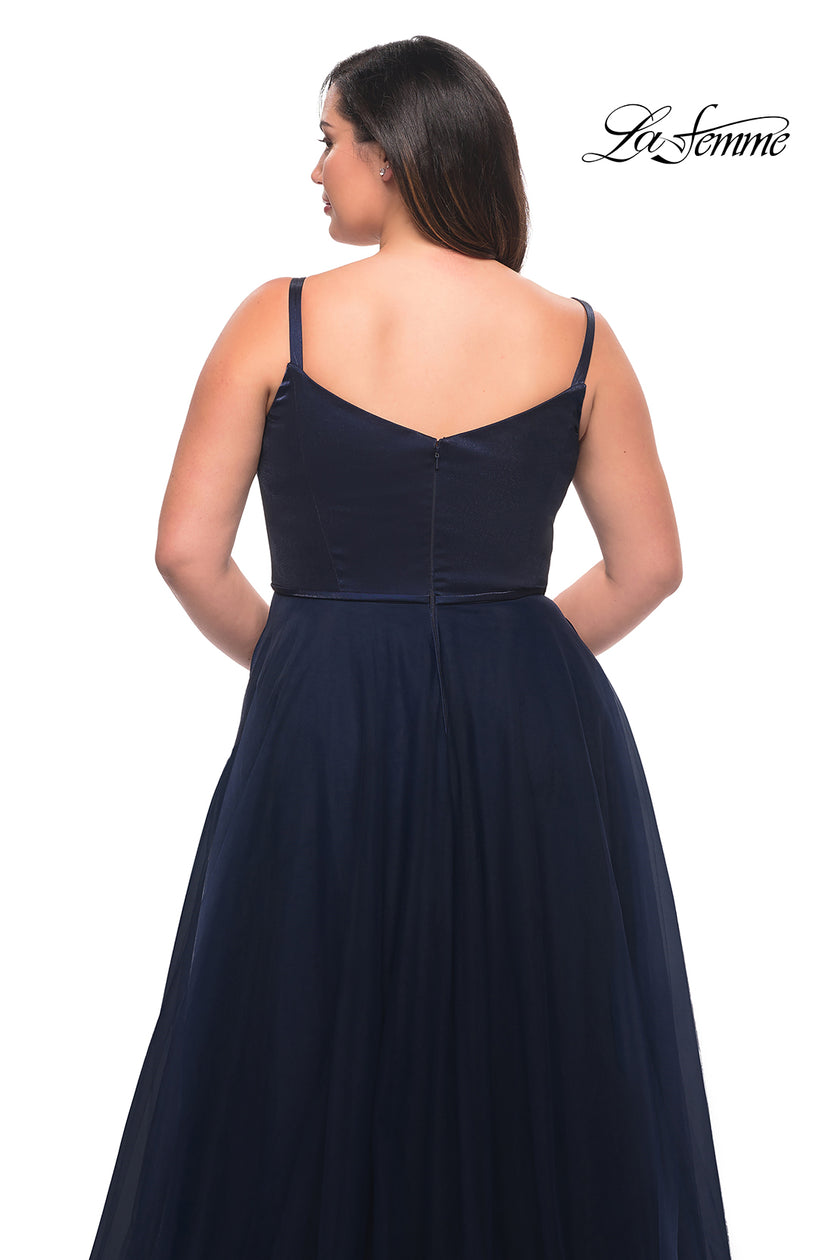 Picture of: Long Plus Size Gown with Tulle Skirt and Satin Top in Navy, Style: 29072, Detail Picture 4