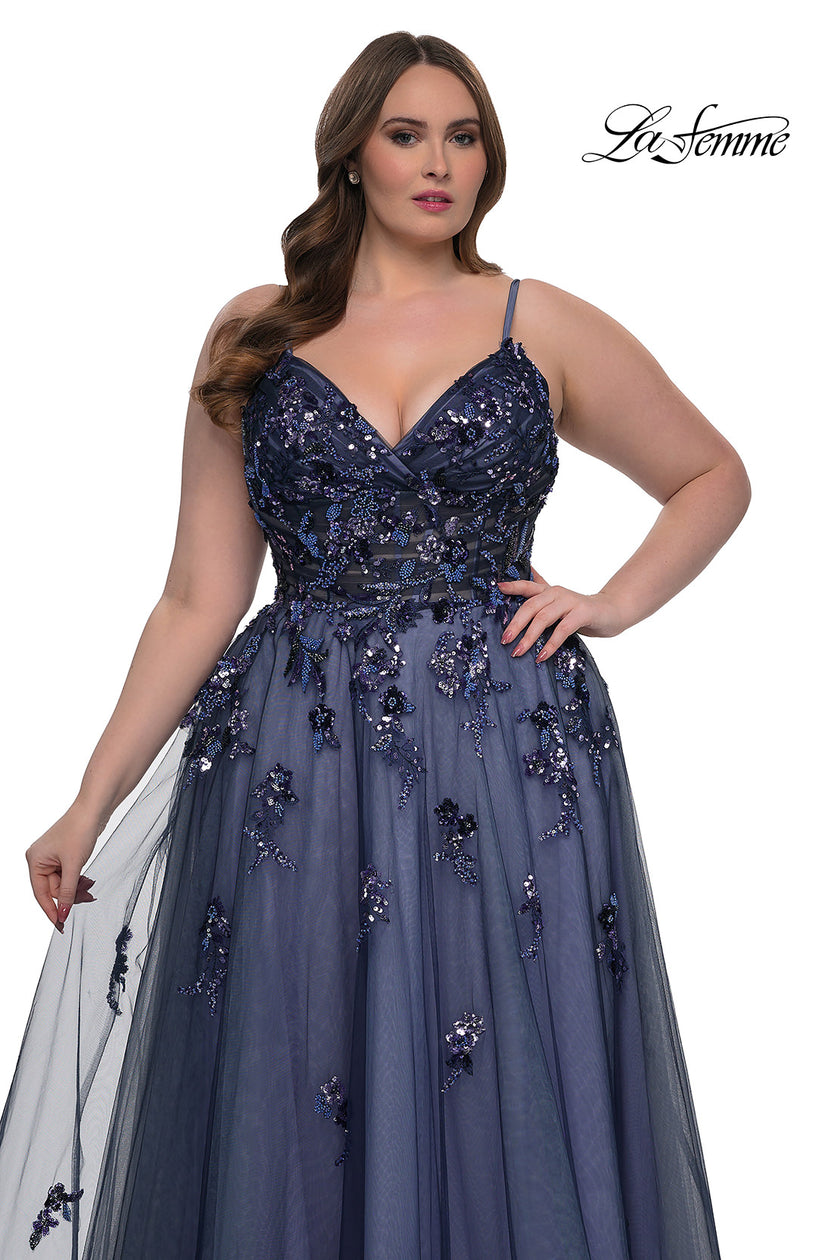 Picture of: Stunning A-line Plus Dress with Sequin Beaded Applique in Navy , Style: 33061, Detail Picture 4
