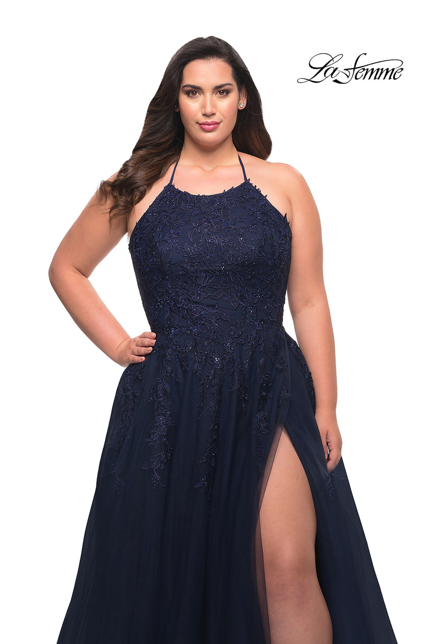 Picture of: Tulle Gown with Lace Bodice and High Neckline in Navy, Style: 29071, Detail Picture 6
