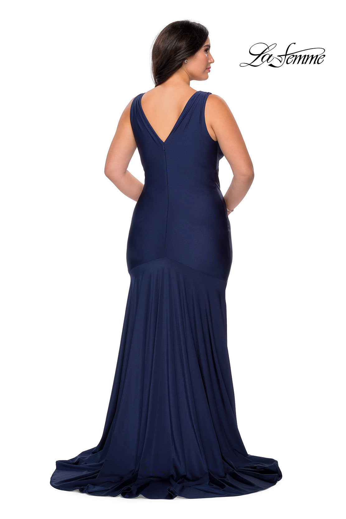 Picture of: Neon Plus Size Jersey Dress with Faux Wrap Bodice in Navy, Style: 29016, Detail Picture 7